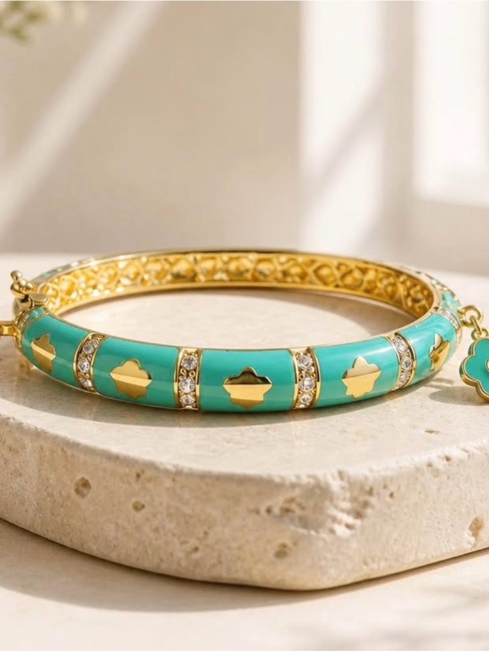 Gold and Turquoise Enamel Bangle Bracelet with Crystal Accents
